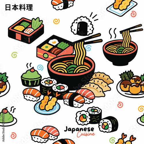 A vibrant and mouth-watering collection of Japanese cuisine illustrations including sushi, noodles, and desserts, perfect for culinary websites or dining promotions.