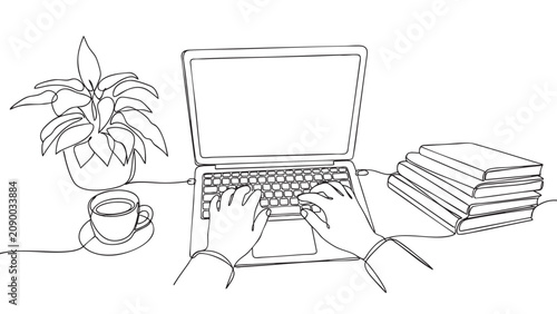laptop with books and plant in black line art vector icon