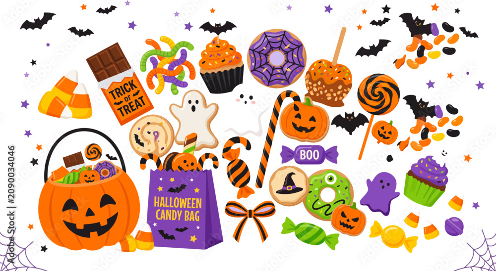Fototapeta premium Halloween treats, candy icons, spooky sweets, vector illustrations