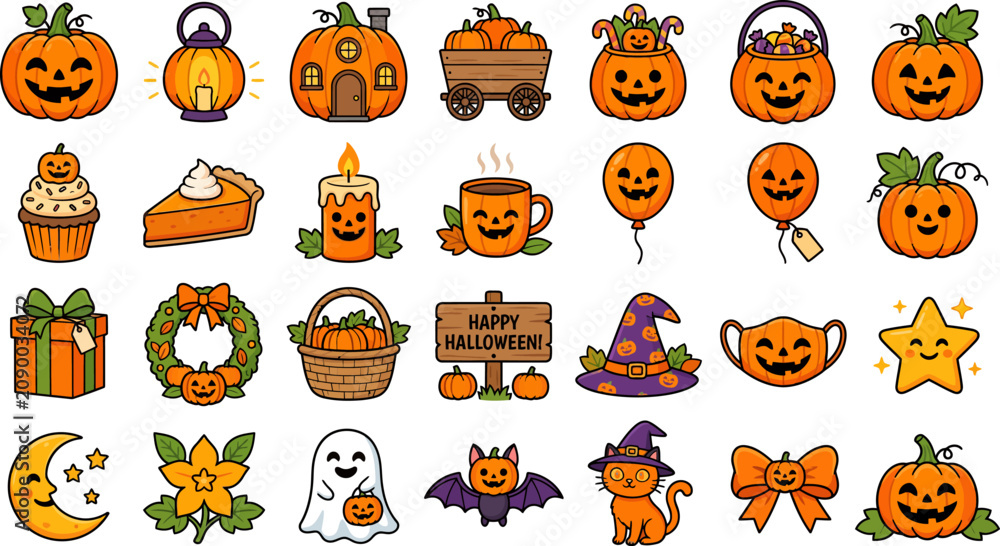 Obraz premium Halloween icons, pumpkin stickers, 40 cartoon symbols, orange characters