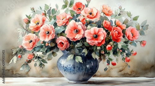 Watercolor anime floral bouquet in a vase Isolated on White Background