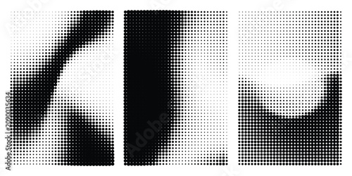 Abstract halftone pattern background with circular dots of varying sizes, creating a dynamic gradient effect with fluid shapes and curves in black and white