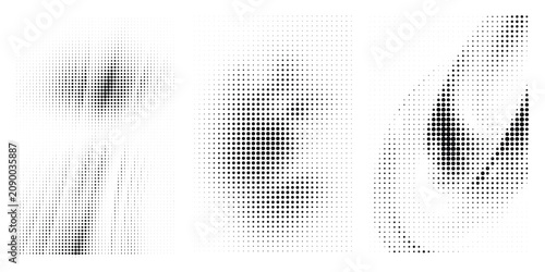 Set of three abstract halftone patterns with varying dot density and shapes, vector illustration for graphic design backgrounds