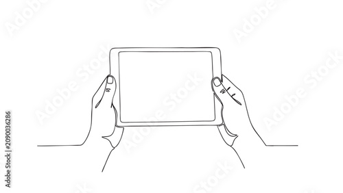 tablet held by hands in black line art vector icon