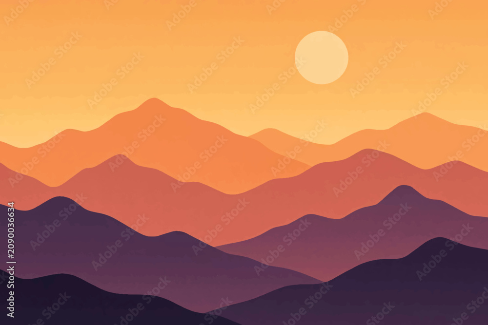 Obraz premium Mountain Ranges at Sunset Flat Design Illustration