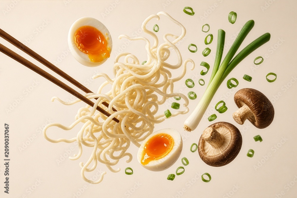 Fototapeta premium Floating Ramen Noodles with Soft Boiled Ajitama Egg, Shiitake Mushrooms, Green Onions, and Chopsticks – Minimalist Levitation Food Photography