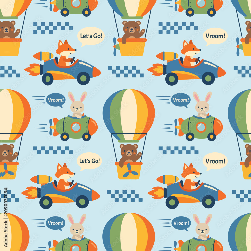 Obraz premium This vibrant illustration depicts cute animals driving cars and flying hot air balloons, creating a fun and whimsical scene filled with excitement and joy, perfect for children's themes.