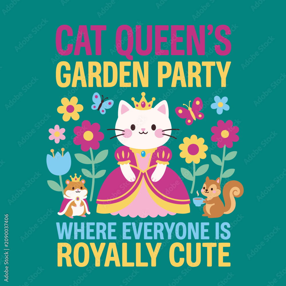 Fototapeta premium An adorable digital illustration of a cat queen at a garden party surrounded by cheerful animals and vibrant flowers, representing charm, friendship, and joy in nature.