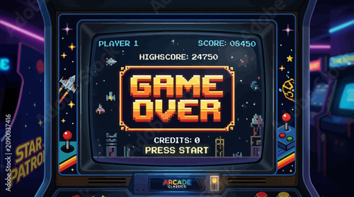 Canvas Print Retro arcade cabinet screen displaying game over text.