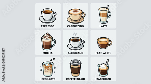 Fotografie Variety of coffee drink icons
