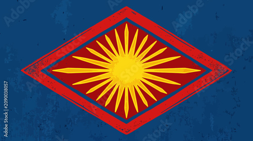 Fotografie Sun emblem on red diamond over blue textured background.