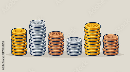 Foto Various stacks of different denomination Euro coins.