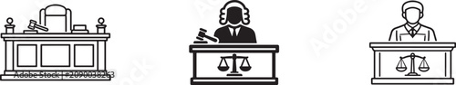 Photos Court judge bench icon set with magistrate, justice, legal hearing and courtroom outline symbols