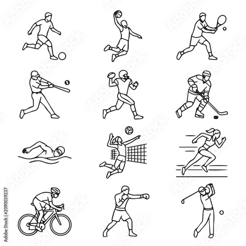 Diverse athletes engaged in various sports actions against a clean white background representing active lifestyle and competition