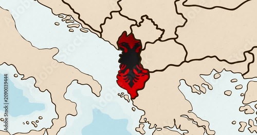 Motion graphic video of the albania flag waving inside the country on a world map