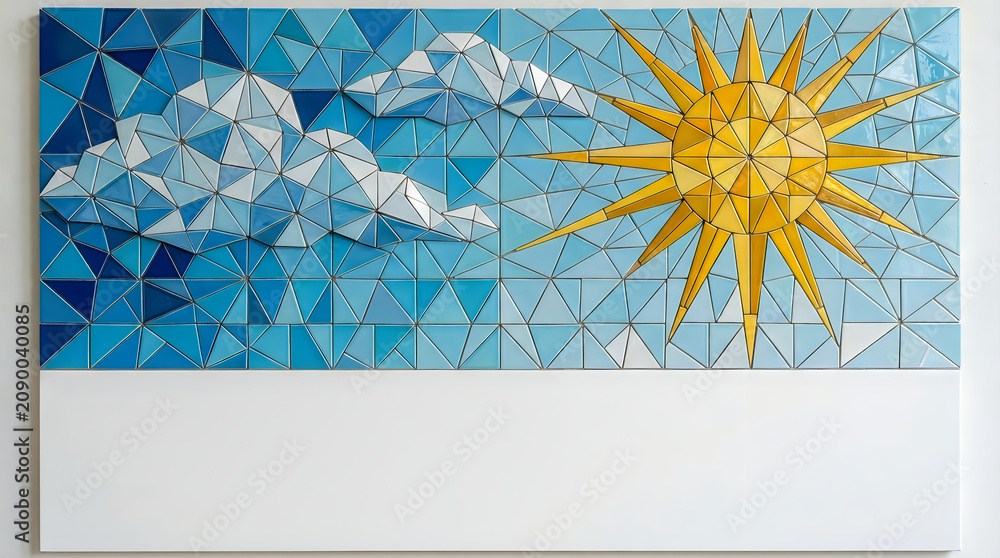 Obraz premium Mosaic art of sun and clouds on blue sky with white space for text