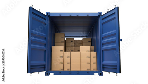 Obraz na plátně Isolated blue open shipping container filled with cardboard boxes for global car