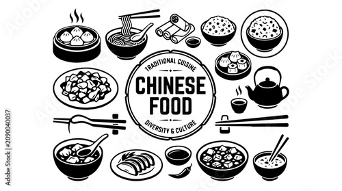 Foto Chinese food illustration featuring dumplings, noodles, rice bowls, teapot, chop