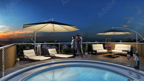 Bild auf Leinwand Rooftop swimming pool with parasol and lounge chairs at dusk