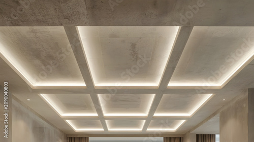 Modern interior design featuring a coffered ceiling with integrated LED lighting.