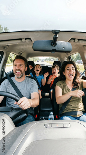 Famille joyeuse chantant et s'amusant pendant un voyage sur la route en voiture