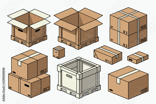 Isometric view of various cardboard boxes and shipping crates both open and closed for logistics packaging and storage themes.