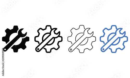 Four stylized gear and wrench icons in different outline designs