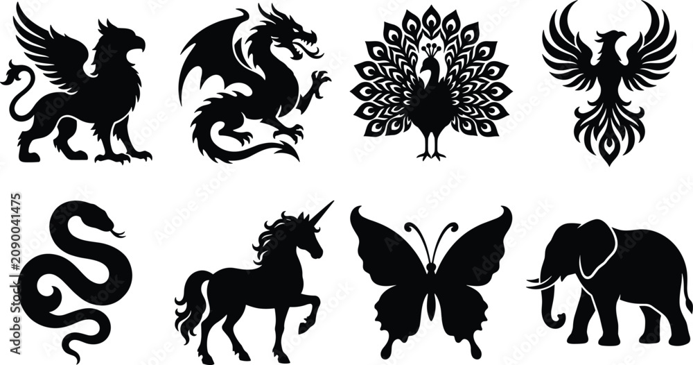 Fototapeta premium Black Animal and Mythical Creature Silhouette Icon Set Featuring Griffin Dragon Phoenix Peacock Unicorn Butterfly Snake and Elephant