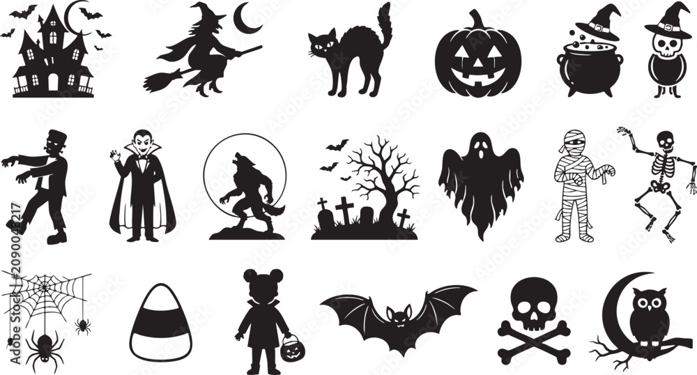 Fototapeta premium Spooky halloween silhouettes vector collection for seasonal decorations party supplies and digital designs