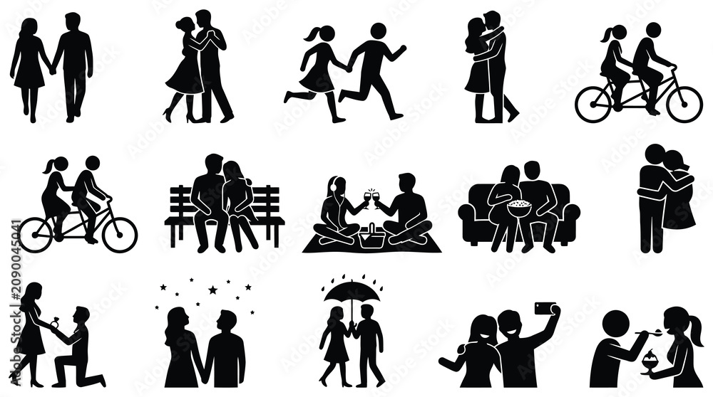Obraz premium Black silhouettes of people engaging in various leisure activities