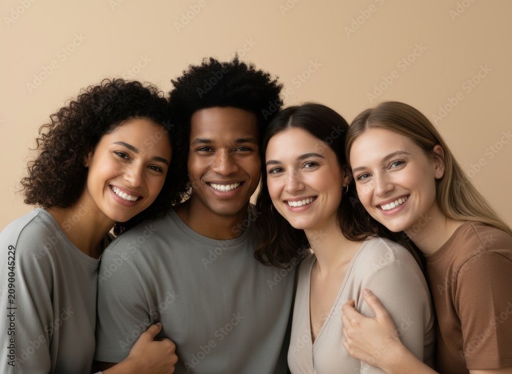 Fototapeta premium Four diverse women smiling together in a bright room