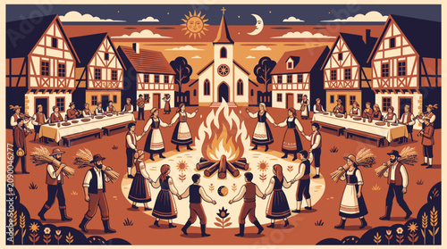 Rustic Folk Festival Illustration Featuring Traditional Village Life with Communal Dancing and Celebratory Summer Solstice Bonfire