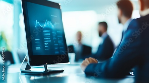 Subject A computer monitor displaying datagraphs in a professional office setting. Foreground A close-up, slightly angled view of the monitor (focused), with a person's handarm in the