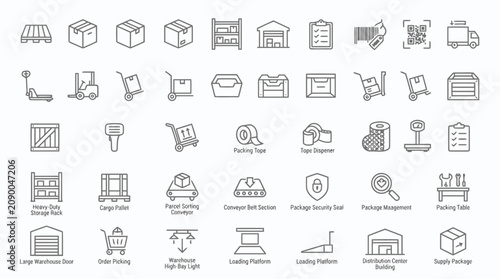 Collection of Warehouse and Logistics Icons representing delivery, shipping, storage, and inventory management for supply chain operations