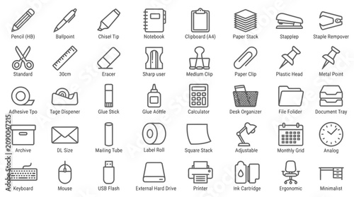 Quadro su tela Stationery and office supply line icon set including pencil pen stapler and desk equipment