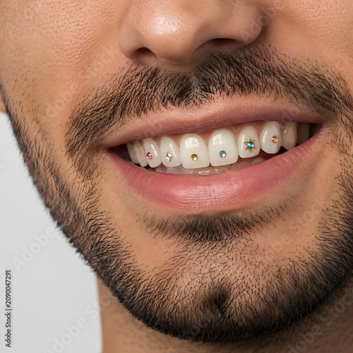 Person smiling showing tooth gems and aesthetic style