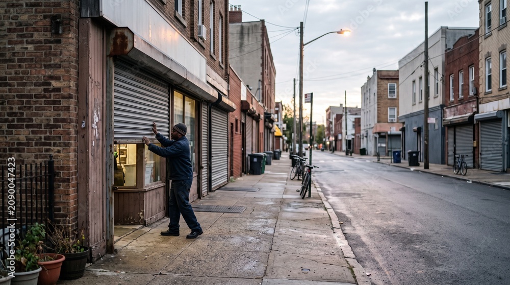 Fototapeta premium Male small business owner opening the metal rolling shutter of his storefront on a quiet urban street at dawn