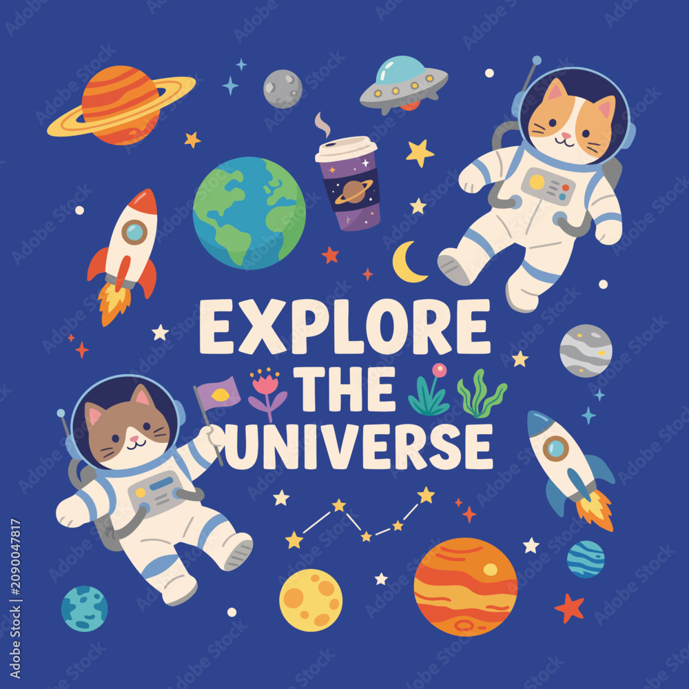 Naklejka premium Two adventurous cats in astronaut suits float through space, surrounded by planets and stars, embodying curiosity and a thirst for exploration in a fun, colorful design.
