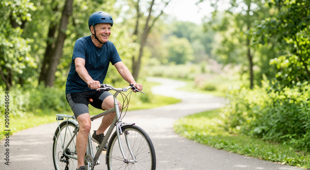 Obraz premium Cheerful elderly man riding a bicycle in a green park. Senior male wearing a helmet enjoying an active outdoor lifestyle. Fitness and recreation concept