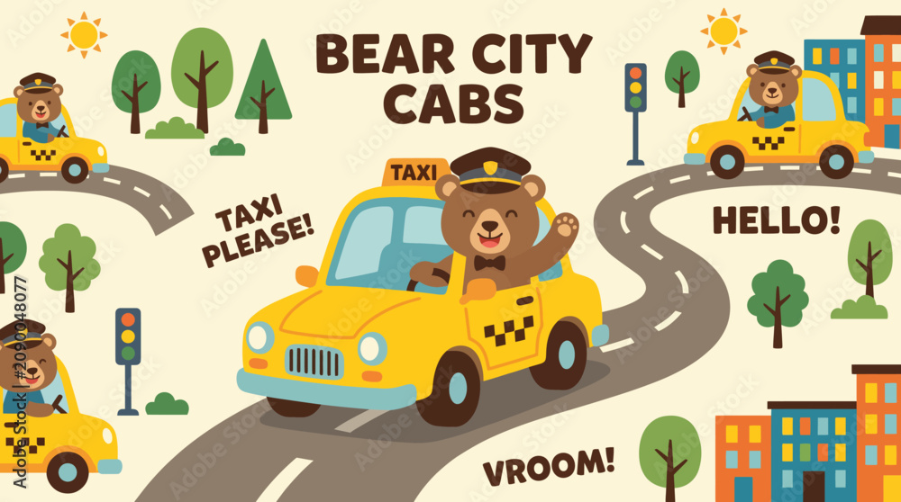 Naklejka premium This whimsical illustration depicts adorable bear characters driving yellow taxis, set against a playful city backdrop, perfect for children's themes or playful projects.