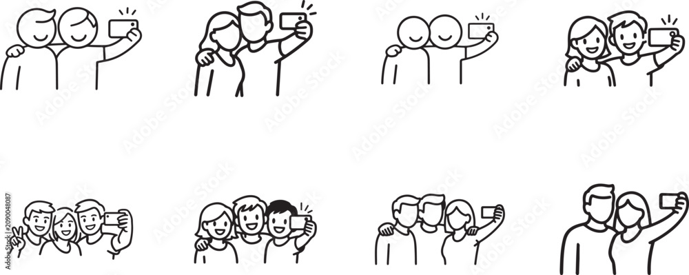 Obraz premium Two people taking a selfie thin line icon. Editable stroke vector EPS for social media friendship.