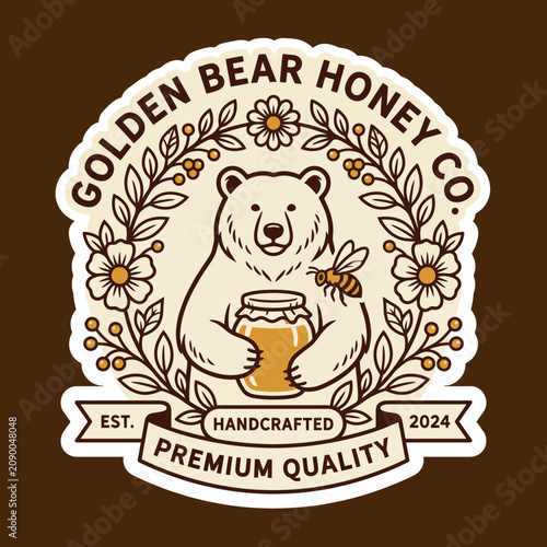 A beautifully crafted logo design depicting a bear holding honey jar with floral elements, representing quality and craftsmanship in honey production.