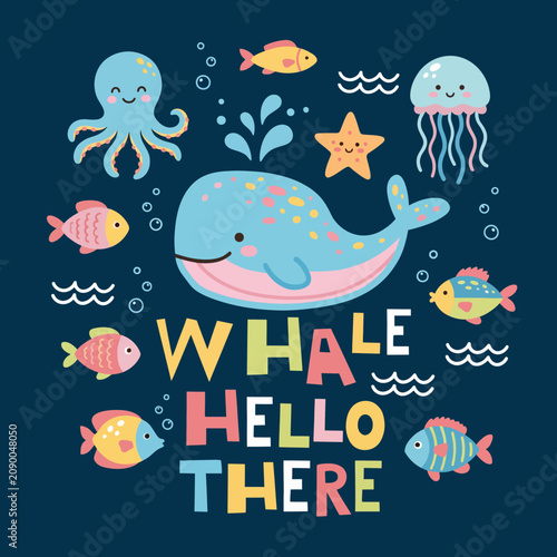This vibrant illustration presents a cheerful whale alongside friendly sea creatures, playfully greeting viewers while showcasing the beauty of marine life in a cute and engaging style.