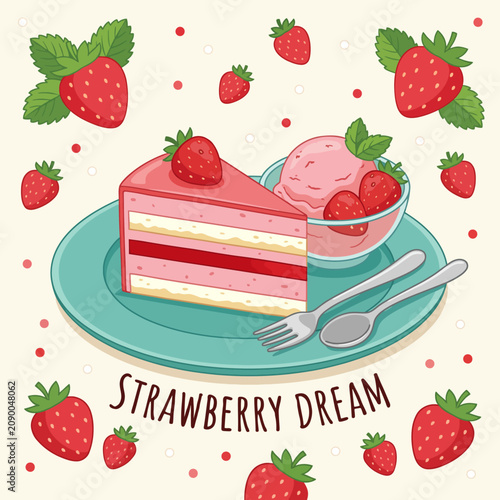 This mouth-watering illustration features a slice of strawberry cake alongside a scoop of strawberry ice cream, adorned with fresh strawberries, celebrating the joy of sweet indulgence.