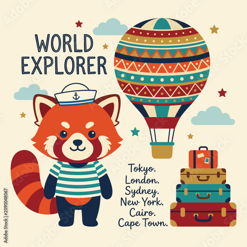 This delightful illustration features a red panda dressed as a sailor, surrounded by travel-themed elements like a hot air balloon and various iconic city names, evoking wanderlust.