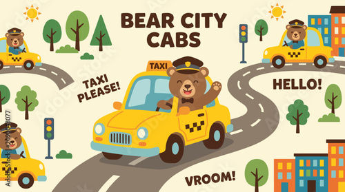 This whimsical illustration depicts adorable bear characters driving yellow taxis, set against a playful city backdrop, perfect for children's themes or playful projects.