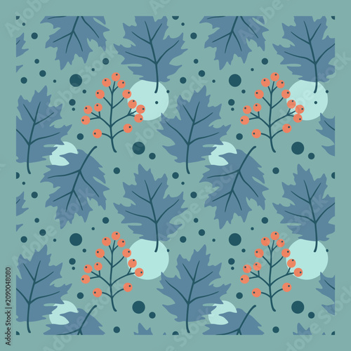 This artistic image depicts a pattern of leaves and berries, celebrating the beauty of nature and the changing seasons, featuring a harmonious color palette and organic shapes.