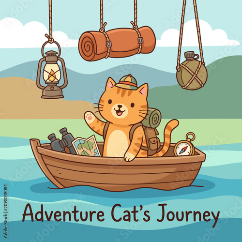 An adorable illustration of an adventurous cat navigating a serene waterway, surrounded by camping gear, evoking exploration and a love for adventure in nature.