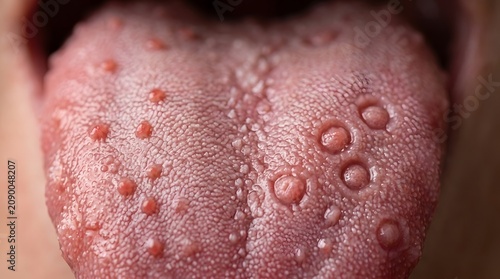 Close up of a human tongue showing enlarged papillae and small red bumps