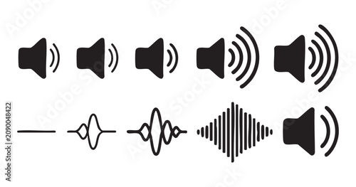 Tableau sur toile Black audio speaker volume symbols and waveform visualizers for mobile app interface navigation